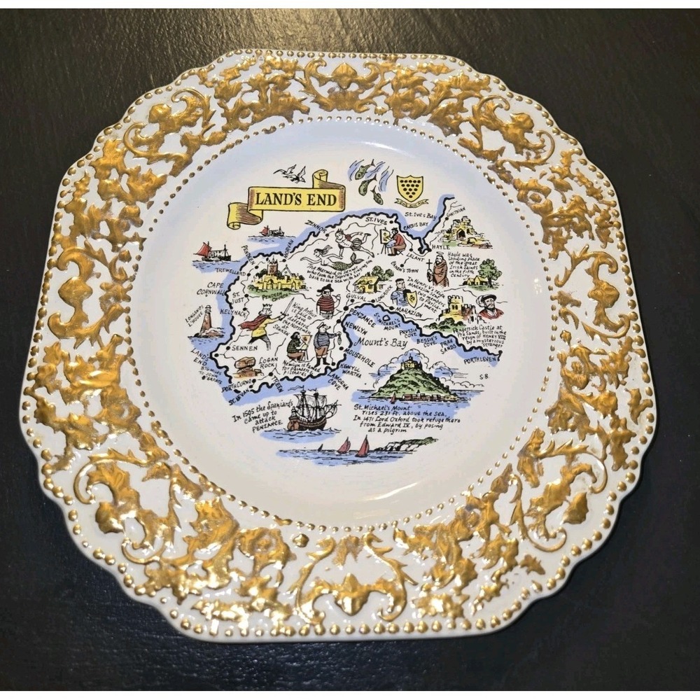 Lord Nelson Pottery Lands End Cornwall Map Plate Gold Filigree Scalloped 9 Inch